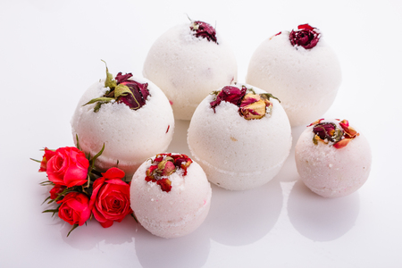 bath bombs on a white acrylic background.の写真素材