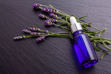 Lavender essential oil in a glass bottle with a pipette.の写真素材