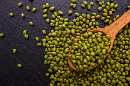 fresh Mung beans on a dark stone background.の写真素材