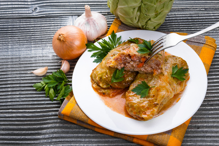 cabbage rolls on a wooden gray rustic background.の写真素材