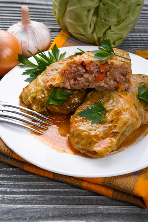 cabbage rolls on a wooden gray rustic background.の写真素材