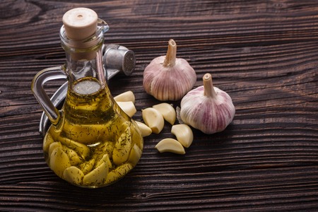 fragrant garlic on a wooden rustic background.の写真素材