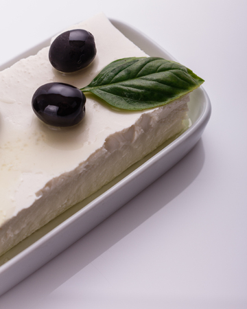 A piece of feta cheese on a white background.の写真素材