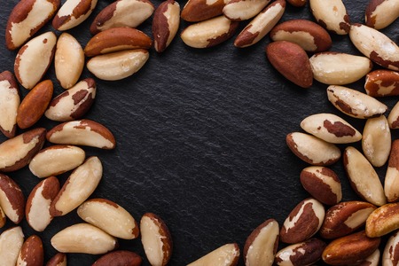 brazil nut on a dark stone background.の写真素材