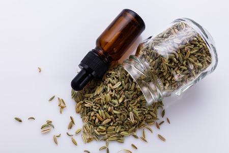 essential oil of fennel seeds on a white background.の写真素材