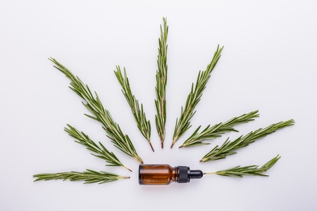 Rosemary essential oil on a white background.の写真素材