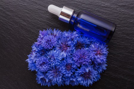 essential oil of cornflower on a dark stone background.の写真素材