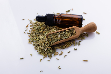 essential oil of fennel seeds on a white background.の写真素材