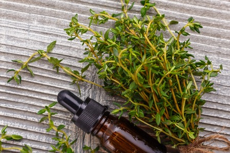 essential oil of thyme on a gray wooden rustic background.の写真素材