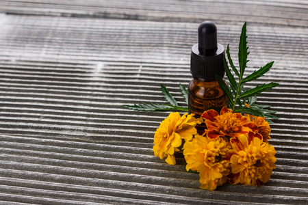 essential oil marigold on a gray wooden rustic background.の写真素材