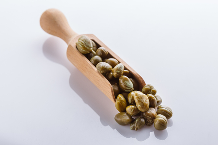 Pickled capers on a white acrylic background.の写真素材