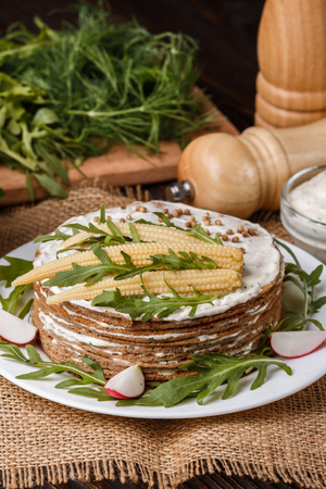 liver cake on a rustic wooden background.の写真素材