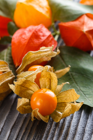 juicy winter cherry on a wooden rustic background.の写真素材