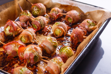 fresh green Brussels sprouts wrapped in fragrant smoked bacon.