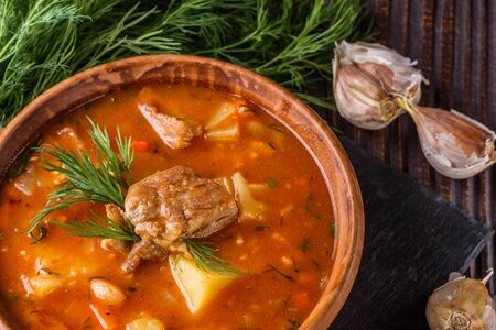 Chanahi a traditional Georgian meat stew in a bowl on stoyn board.の写真素材