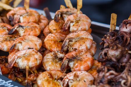 shrimp at the counter of the street food festival.の写真素材