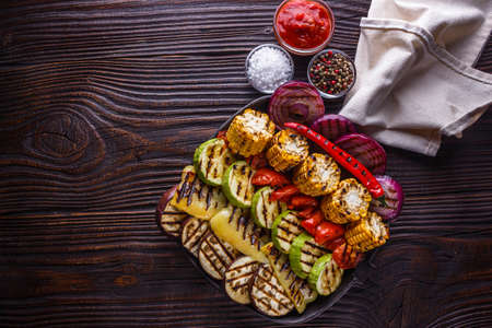 appetizing fresh grilled vegetables in a cast iron skilletの写真素材