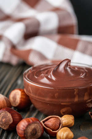 toasts with chocolate butter on a dark wooden rustic background.の写真素材