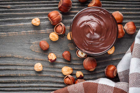 toasts with chocolate butter on a dark wooden rustic background.の写真素材