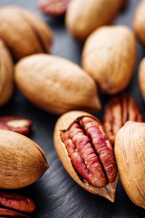 delicious fresh pecans on a black rustic wooden background.