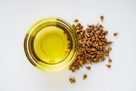 grapeseed essential oil on a white background.の写真素材