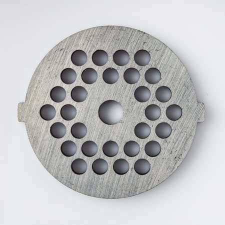details of an electric meat grinder on a white background.