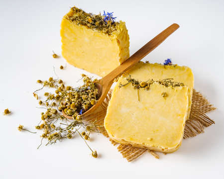 handmade soap on a white acrylic background.の写真素材