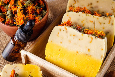 handmade soap on a white acrylic background.の写真素材