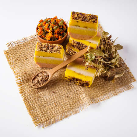 handmade soap on a white acrylic background.の写真素材