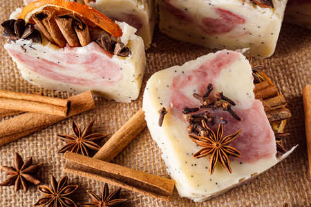 handmade soap on a white acrylic background.の写真素材