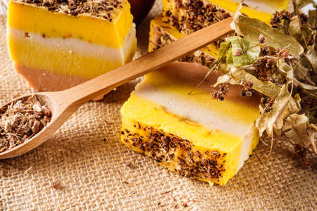 handmade soap on a white acrylic background.の写真素材