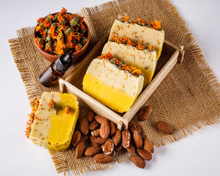 handmade soap on a white acrylic background.の写真素材