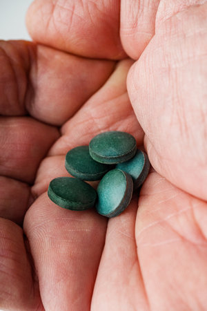 green spirulina dried seaweed in the hand of an old man.