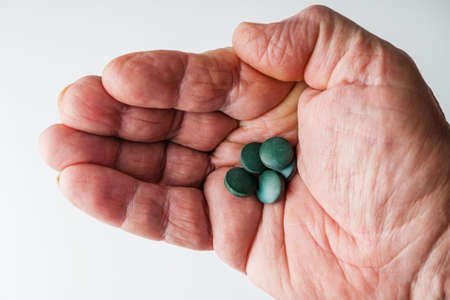 green spirulina dried seaweed in the hand of an old man.の写真素材
