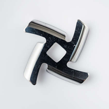 details of an electric meat grinder on a white background.の写真素材