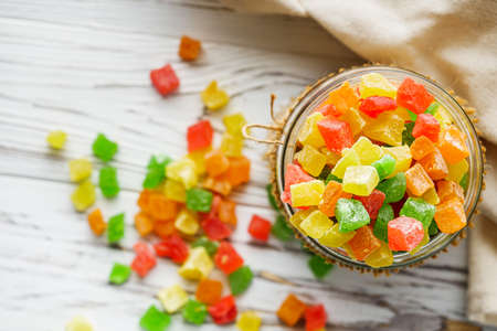 colored candied fruits on a white background.の写真素材