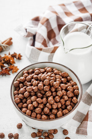 sweet crunchy chocolate children's breakfast chocolate balls on a white background.の写真素材