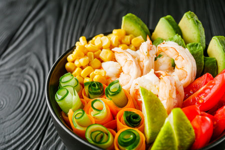 traditional hawaiian shrimp poke bowl on black wooden rustic background.の写真素材