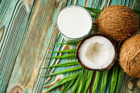 fresh natural coconut milk on wooden background.