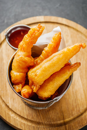 delicious hot fried shrimp in a crispy batter.の写真素材