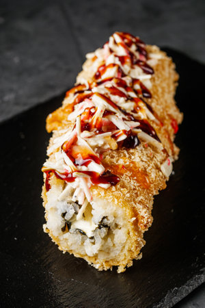 warm sushi roll hot dog in panko breadcrumbs.の写真素材