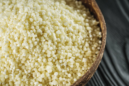 Indian sago starch cereal on a rustic background.