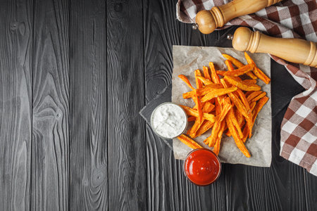 sweet potato fries on a dark wooden rustic background.の写真素材