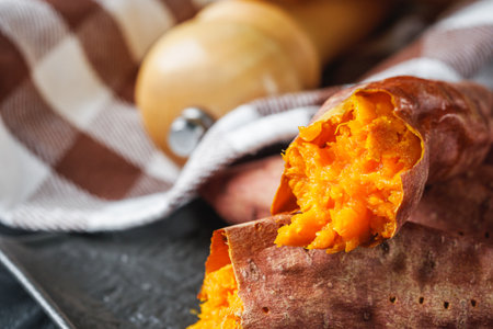 baked sweet potatoes on a dark wooden rustic background.の写真素材