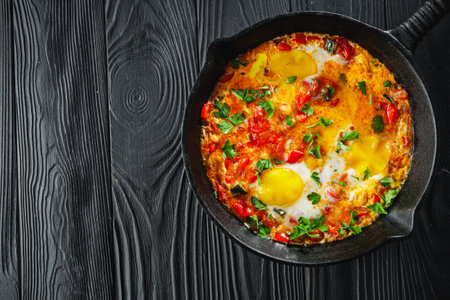 pan of delicious traditional israeli shakshuka on black wooden rustic background.の写真素材