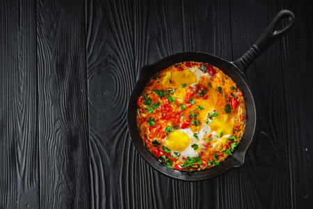 pan of delicious traditional israeli shakshuka on black wooden rustic background.の写真素材