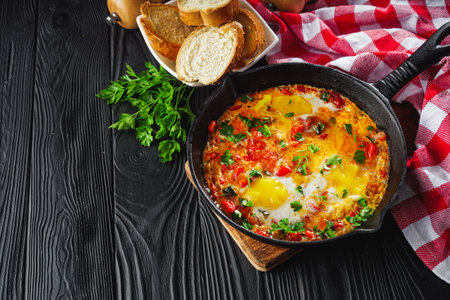 pan of delicious traditional israeli shakshuka on black wooden rustic background.の写真素材