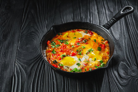 pan of delicious traditional israeli shakshuka on black wooden rustic background.の写真素材