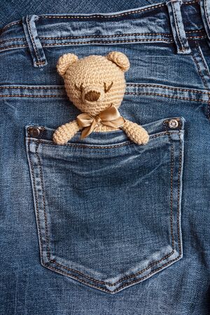 Toy bears in a jeans pocket. Vertical. Place for text.の写真素材