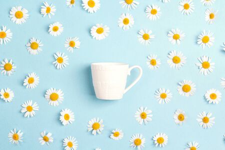 White cup and chamomile flowers on a blue background. Chamomile tea concept. Flat lay, top view.の写真素材